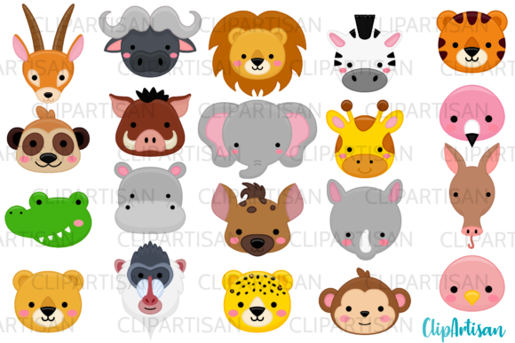 African Animal Faces Clipart: Safari Design Assets
