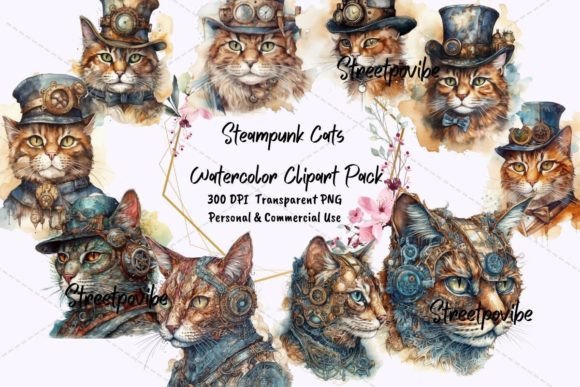 Steampunk Cat Clipart: Whimsy Meets Industrial Charm